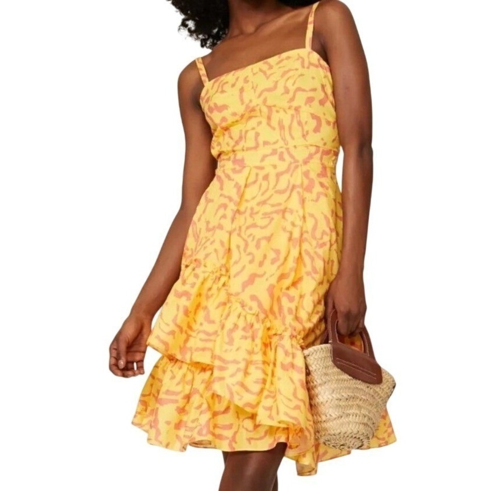Derek Lam 10 Crosby Scribble Sundress Womens 2 Yellow Pink Ruffle Strap EUC